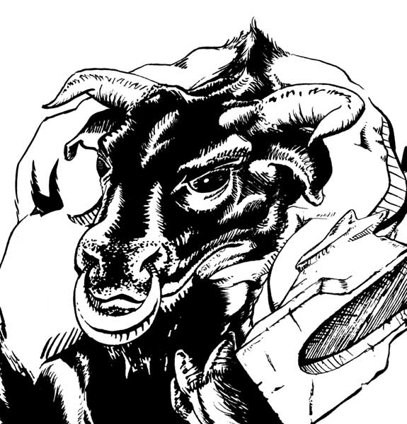 illustration:ink minotaur holding a mallet